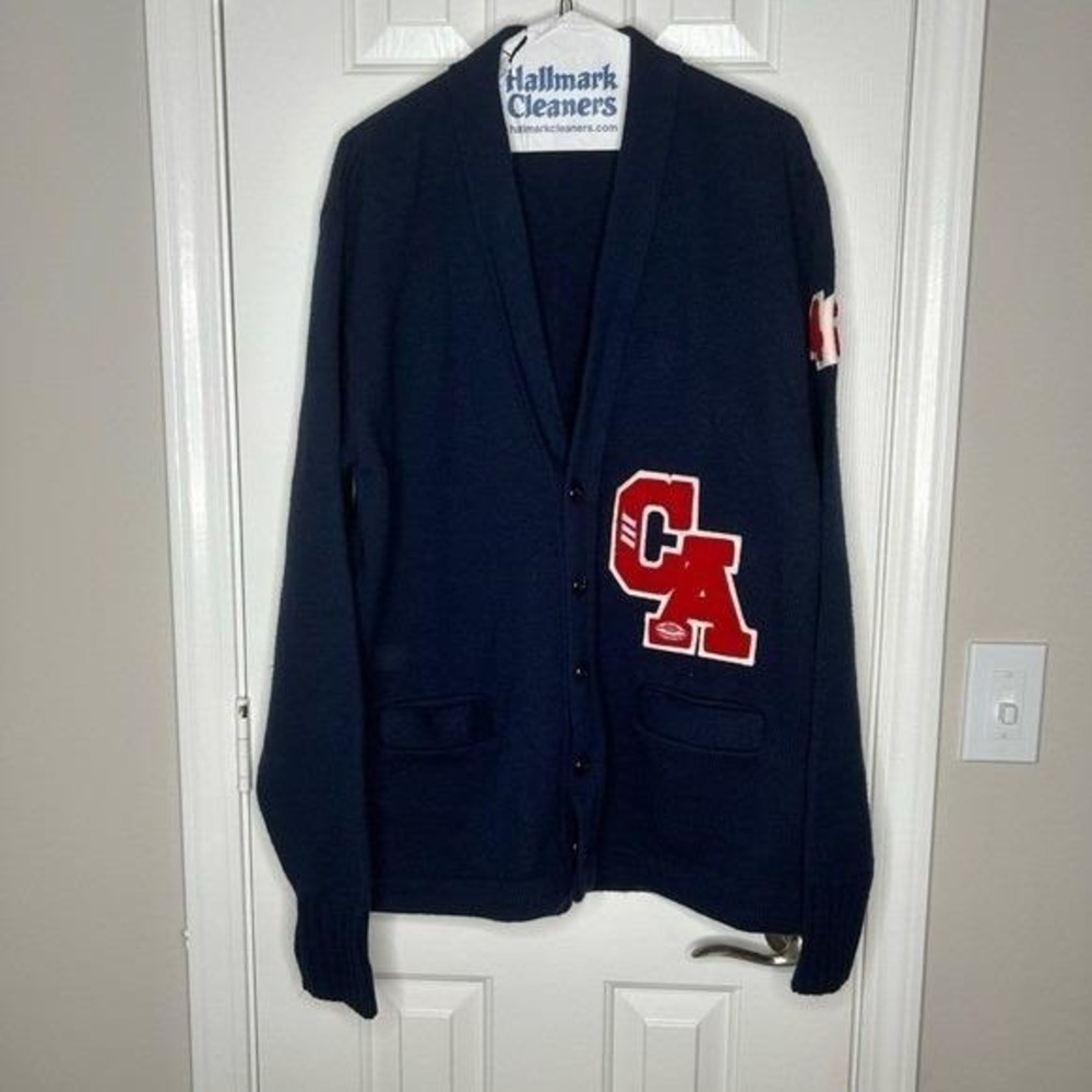 AMF Varsity Cardigan Mens‎ Large Navy Blue Acrylic Chenille Patch Good - Picture 5 of 12